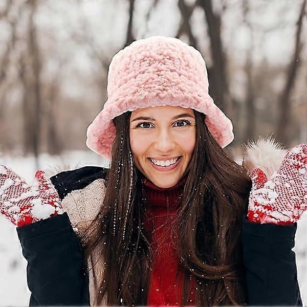 Fuzzy Bucket Hat för Kvinnor Päls Bollhatt Vinter Varm Plysch Fiskehatt Fluffig Sherpa Bucket Hat Rosa 56-58cm Justerbar Rem