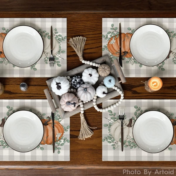 Orange Pumpor Eucalyptus Leaves Höst bordstabletter Set med 4, 12x18 tum Säsongsbetonade höstmattor för fest köksmatsal dekoration