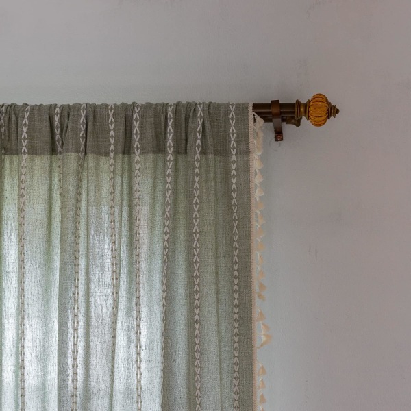 Bohemiska gardiner Broderade randiga linnegardiner 84 tum långa 2 delar sovrum (B 132,08 cm x L 160,02 cm, Grågrön)