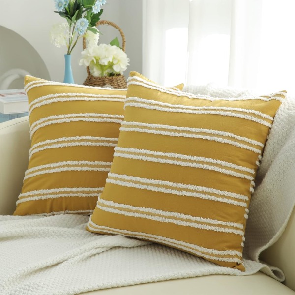 Bohemiskt dekorativt örngott, neutralrandigt örngott 24X24 set, gult örngott av bomullslinne för soffa och vardagsrum.