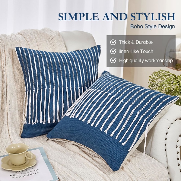 Boho pyntet putetrekk sett med 2, Chic bomullsdekorativt putetrekk med frynser, blå vevde putetrekk for seng sofa dekor 18 x 18 tommer
