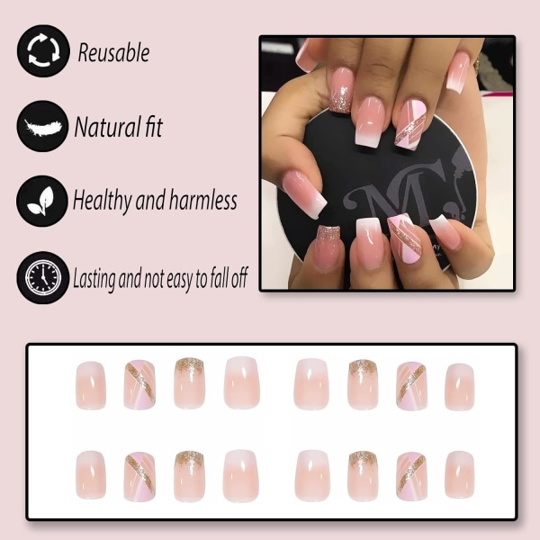 24st Press on Nails Korta fyrkantiga falska naglar Full Cover Stick on Nails Akrylnaglar för kvinnor och flickor