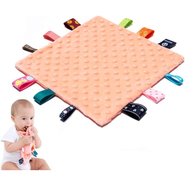 Baby Säkerhetsfiltar - Lugnande plyschfilt för baby med färgglada etiketter, 10"X10" fyrkantiga sensoriska leksaker-Orange
