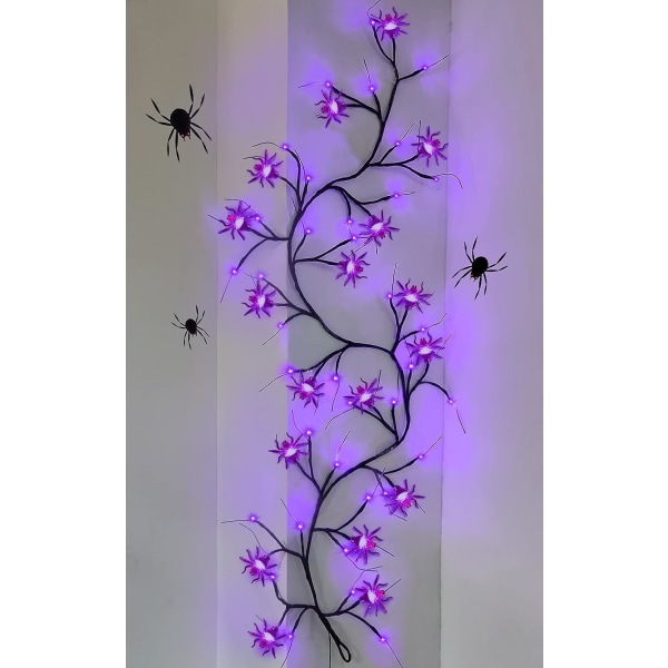 [Ajastin ja 8 tilaa] 6Ft 54 LED Halloween Willow Vine Twig 18 LED Hämähäkit, 36 Violetti Halloween Valot Vedenpitävä Akku