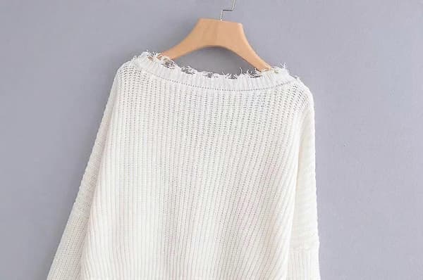 Dam V-ringad Lösstickad Tröja Långärmad Riven Jumper Pullover Crop Top Tröjor Vit