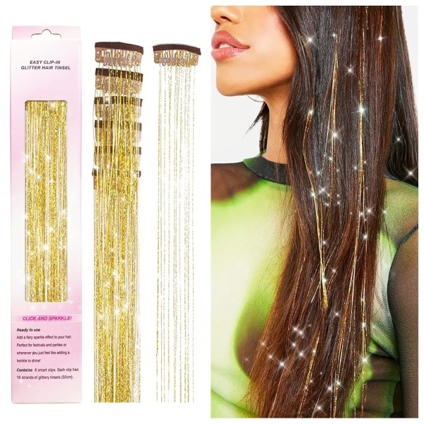 Clip in Hair Tinsel Kit, Pack med 6 st Glitter Fairy Tinsel Hair Extensions 20 tum glänsande Hair Tinsel Värmebeständig (Guld)