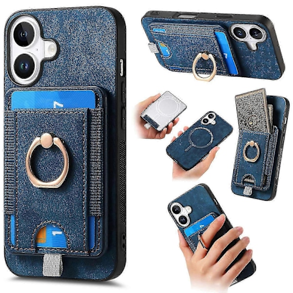 D7 Magnetisk etui til iPhone 16 med kortholder, ring og støtteben i PU-læder - Brun Blue
