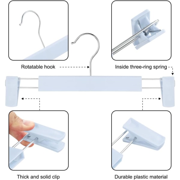 Plassbesparende skjørtstativ med 360 ° svingbare kroker, justerbare klips, buksehengere, kleshengere for jeans (10-pakning, blå)