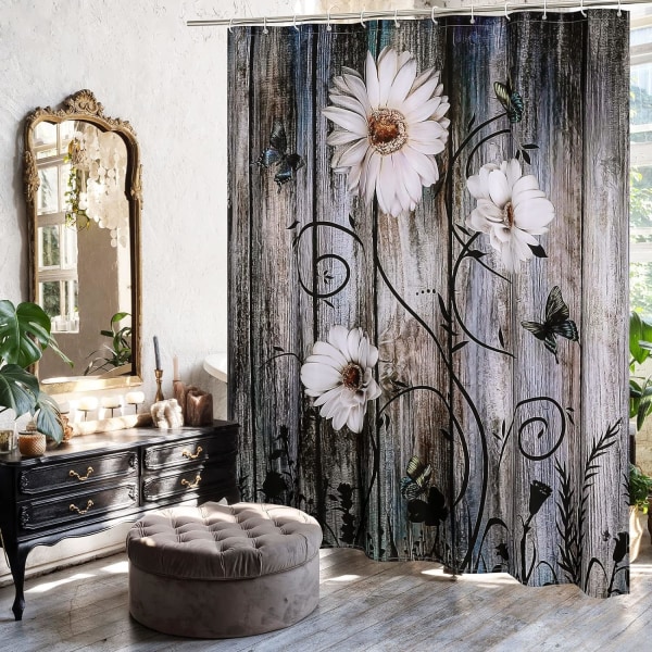 Rustic Daisy -suihkuverhosetti koukuilla, perhoskasvi -kukka kangassuihkuverhot tyylikkäille, 72x72