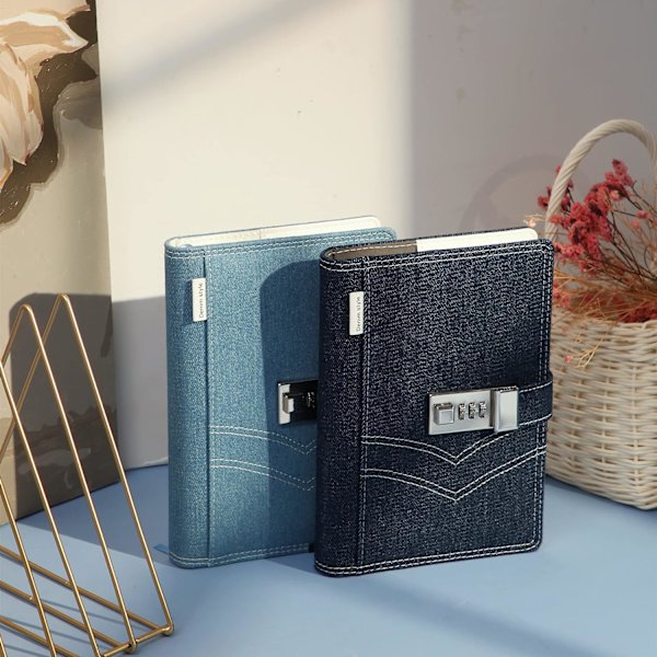 Denim Journal med lås til kvinder, genopfyldelig låsbar journal til voksne B6 notesbog med lås, 5,5 x 7,9 tommer, marineblå