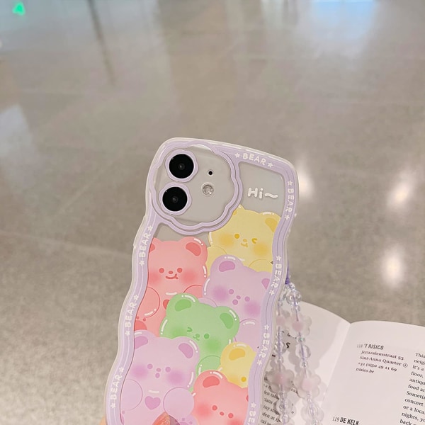 Kompatibel för iPhone 12 case, sött genomskinligt tecknat björndjur med blompärlbandsrem för kvinnor, flickor, mjuk TPU- lila björn