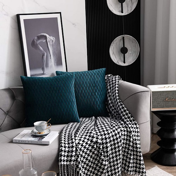 18x18 Teal Dekorativa Kuddfodral: 2-pack Original Randig Sammet Kvadratiska Dekorativa Kuddfodral för Gårdssoffa