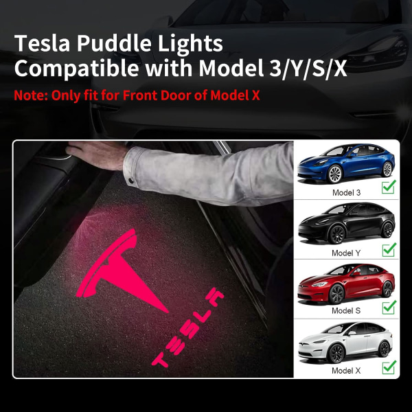 4st Tesla Puddle Lights Bildörrslogotyp Projektorlampor, Ultra-Light Never Fade Välkommen med hjälp av Step Lights med verktyg, Plug & Play (röd)