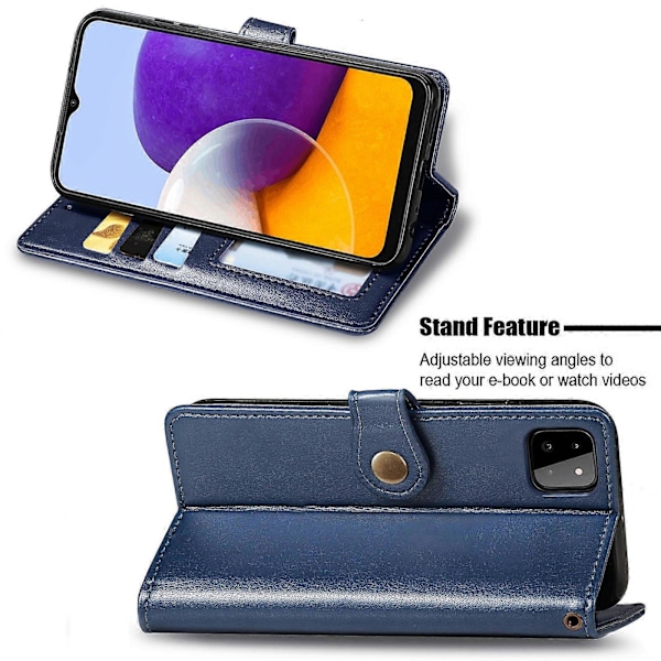 For Samsung Galaxy A22 4G Solid Farge Lær Spenne Telefondeksel med Lanyard & Fotoramme & Kortspor & Lommebok & Stativfunksjon Blue