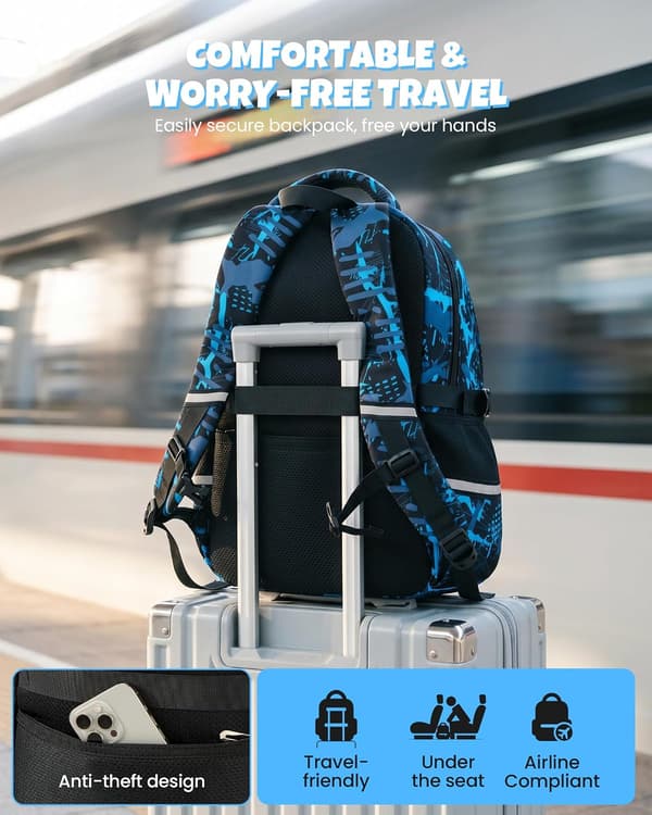 School Backpack Boys 8-12 Years 3-Piece Waterproof Modern Set Durable, Blue | 3-Piece Reflective Lightweight Ergonomic Blue Day Backpack Multi-Pocket Spacious BLÅ