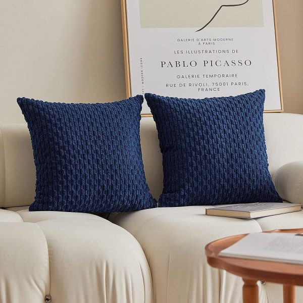 Kuddfodral Dekorativ set med 2 randiga manchester plysch sammet Örngott Cover för soffa, 16x16 tum, marinblå