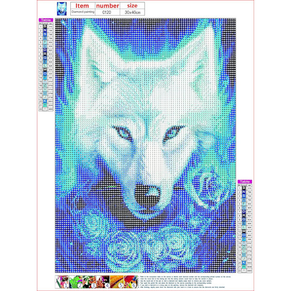 5D DIY Varg Diamantmålning efter nummer-kit, Blå varg med ros Diamantkonstkit för vuxna, Perfekt för väggdekor och presenter, 11,8 x 15,7 tum