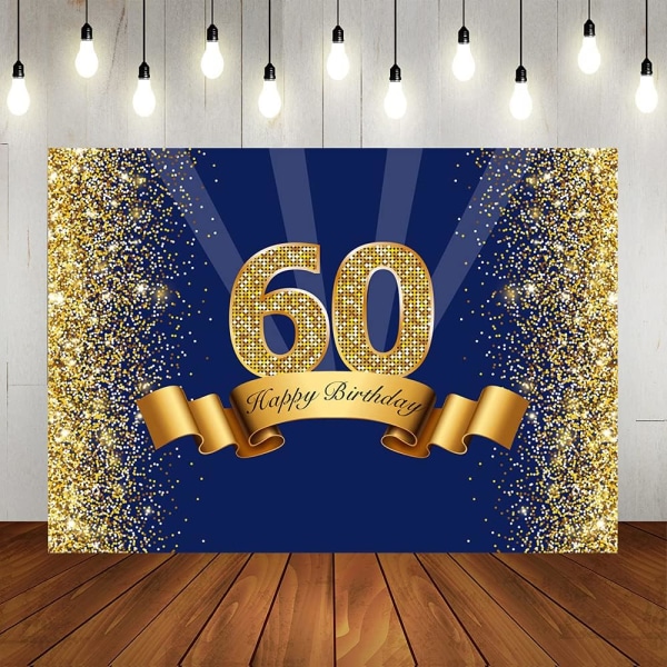 Vuxna män Marinblått och glitter guld Sextio år gammal bakgrund Glänsande 60-årsfestdekorationer Fotobås rekvisita 7x5ft