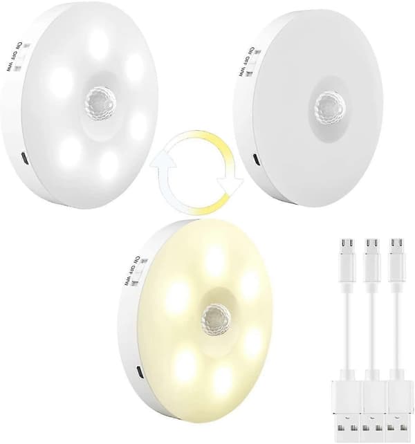 LED nattlys med bevegelsessensor, 3-pakning nattlys bevegelsessensor, USB oppladbart LED sensor nattlys, varmhvitt 2 moduser bevegelsessensorlys
