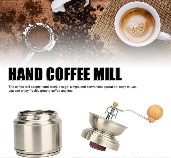 Manuel kaffekværn i rustfrit stål og træ, ergonomisk håndsving til hjemmebrygning af kaffebønner