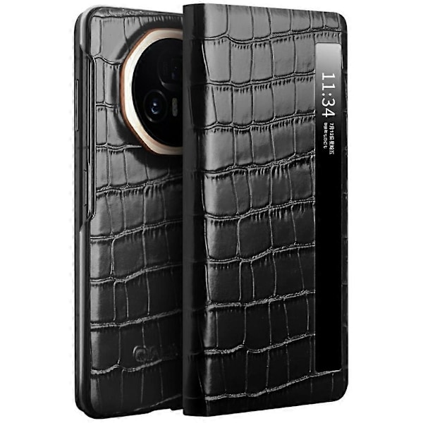 QIALINO Fodral för Honor Magic V3 5G Smart View-fönster Äkta Läder Mobilskal Multicolor Black