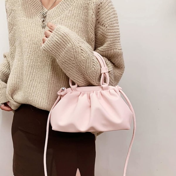 Dumplingväska och molnväska Trendig Ruched Clutch för kvinnor Mode PU-läder Small Shoulder Crossbody Bag Handväska (rosa)