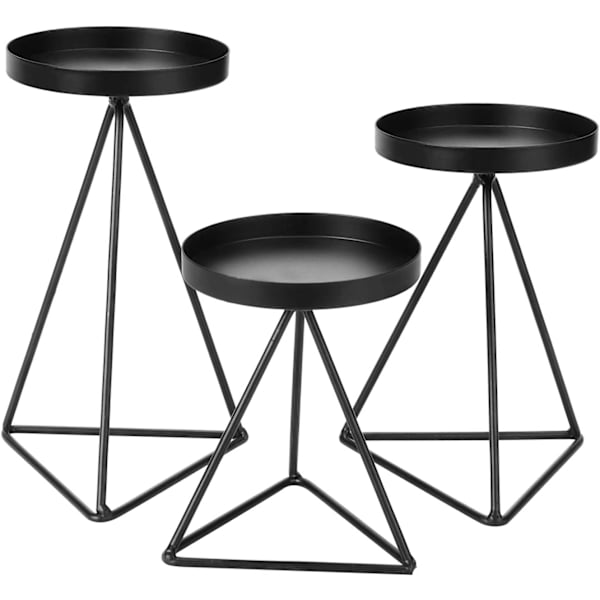 Set med 3 geometriska metalljusstakar för pelarljus, kandelaber i järn för heminredning. (Ljus ingår ej)