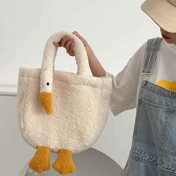 Söt plysch gåsväska för kvinnor flickor fluffig gås plånbok fuzzy tote handväska plysch djurväska päls axelväska plånbok