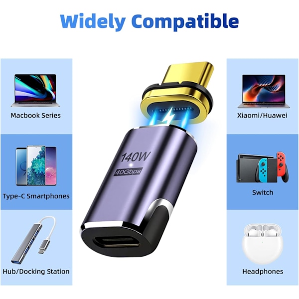 2 st USB C magnetiska adaptrar, PD 140W, 40GBP dataöverföring, magnetisk USB-C-adapter, typ C magnetisk kontakt för bärbar telefon HDTV