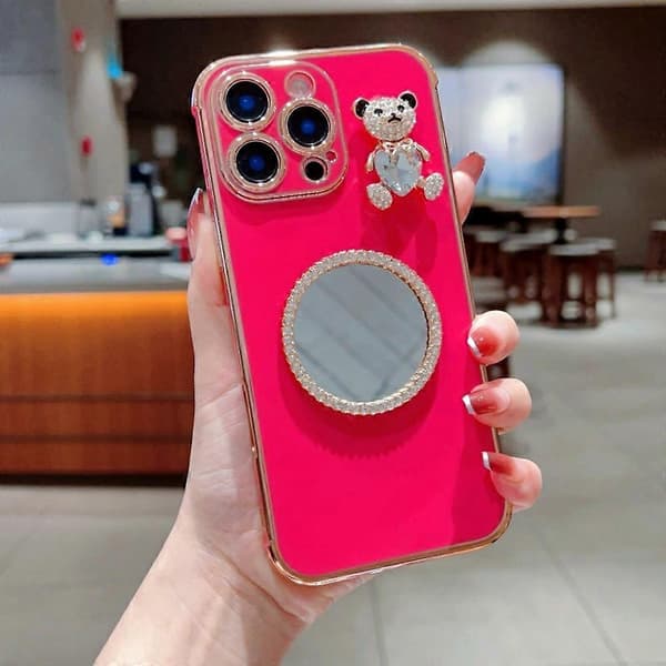Case for iPhone 16 Pro, Love Heart Pattern, Electroplated TPU Phone Case with Small Bear and Mirror (Rose)