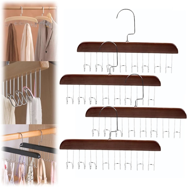 Antiskrid Multi Hook Frakkeholdere, 360 Graders Pladsbesparende Bøjler med 8 Kroge, Multifunktionelle Skridsikre Opbevaringsbøjler 4 STK (Brun)