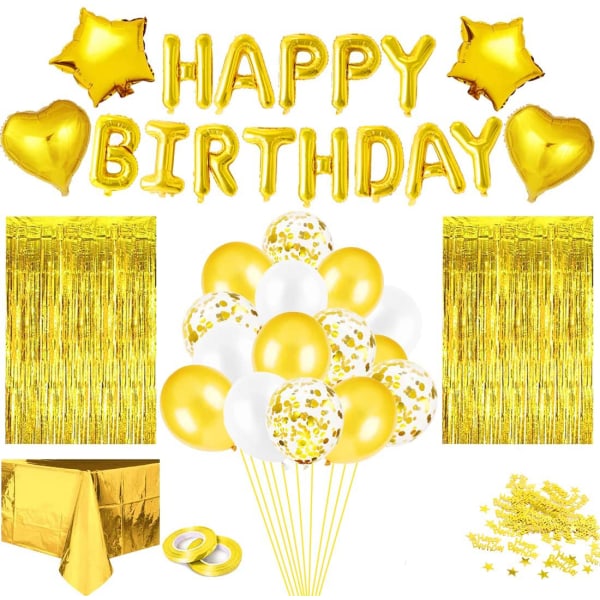 Blå födelsedagsfestdekoration, Happy Birthday-girlang, konfettiballonger, duk, blå ballonger, glittergardin, konfetti-guld
