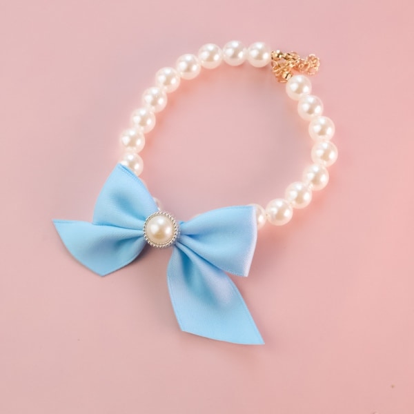 Small Dog Pearl Necklace with Bow, Jewelry Dress Up Pet Decorative Dog Leash Necklace, Pet Collars Kitten Dog Bell Necklace(M 25-31cm-Blue)