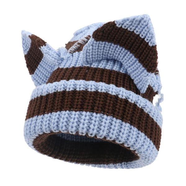 Kvindernes Strikkede Hue Caps Y2K Gotiske Katteøre Kraniehue Varm Vinterhue Sød Djævel Horn Cap Ørebeskytter blått+kaffe M（56-58cm）