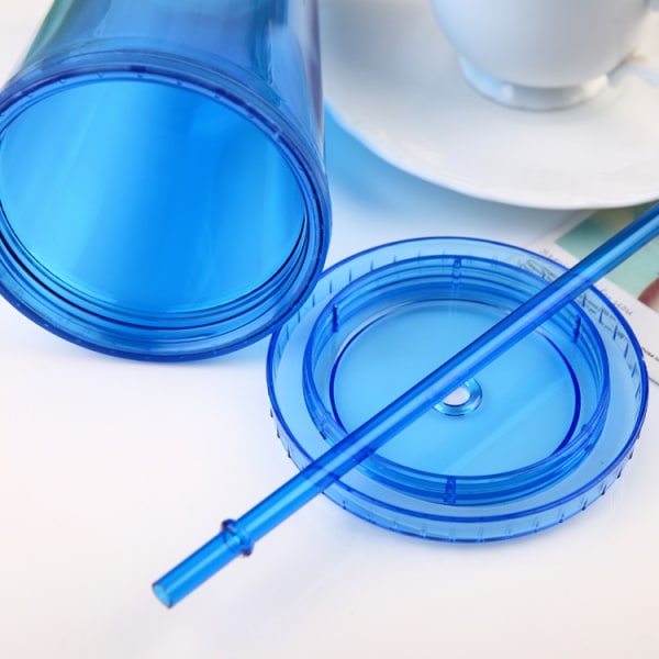 Dubbelväggig mugg med sugrör, plastmugg, återanvändbar mugg för iskaffe, genomskinlig mugg - Blå