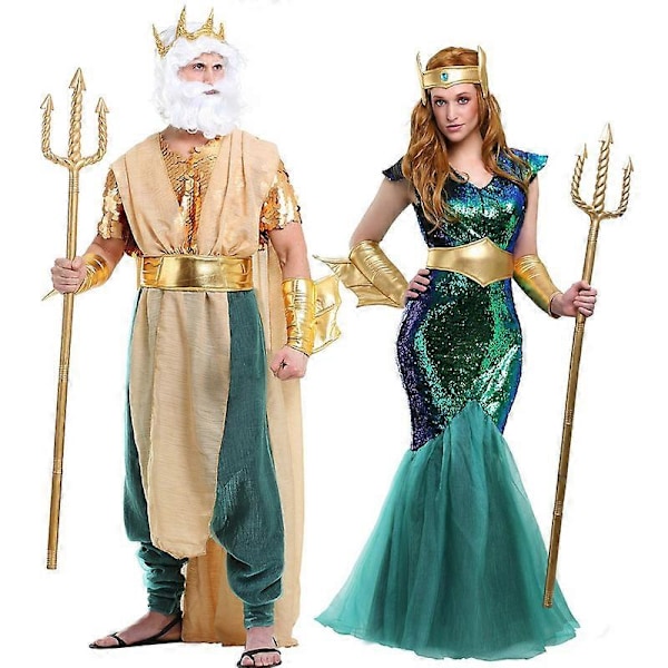 Vuxen Golden Poseidon Kostym Herr, Kung Neptun Kostym Halloween Kostym Women M