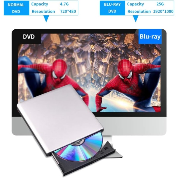 Extern DVD-enhet 3D, USB 2.0 och Type-C Bluray CD DVD-läsare Slim optisk bärbar enhet