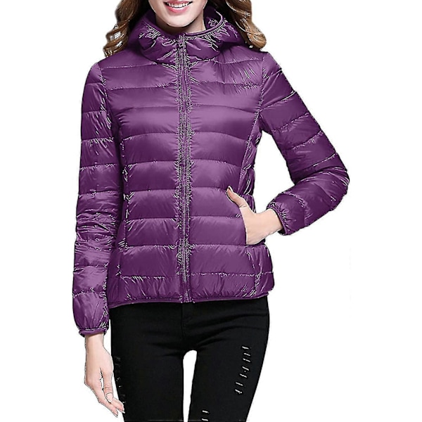 Lett, avslappet dunjakke med hette for kvinner, pakkbar pufferjakke, ultralett kort dunjakke med oppbevaringspose fra GuanGuan I-purple XX-Large