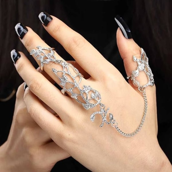Charm Blad Full Finger Ringar Armband Kristall Knuckle Ring Sele Strass Handkedjor Justerbara Statement Ringar Smycken för kvinnor och flickor