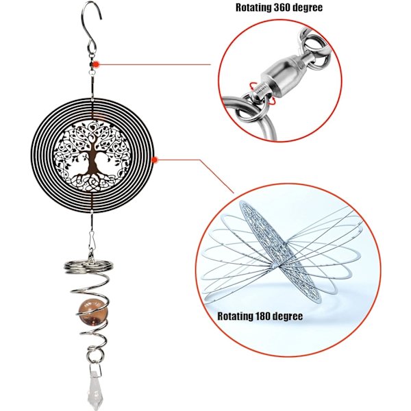 3D Livets Træ Vind Spinner Hængende med Gazing Ball Spiral Hale, 360 Grader Spin Træ Metal Vind Skulpturer