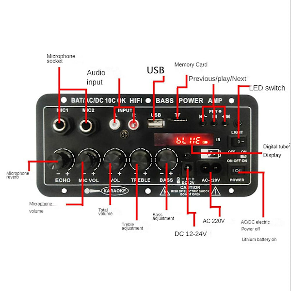 Bluetooth-lydforsterker 30-120W subwoofer dobbel mikrofonforsterkermodul med display for høyttalere 12 /