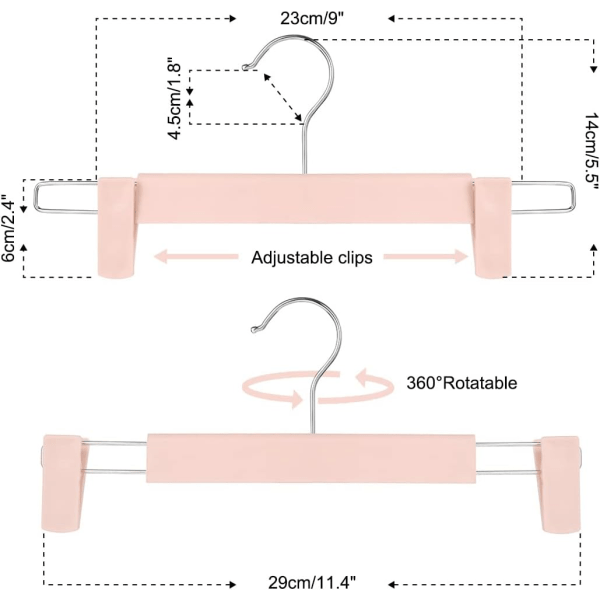 Plassbesparende skjørtstativ med 360 ° svingbare kroker, justerbare klips, buksehengere, kleshengere for jakker, jeans (10-pakning, rosa)