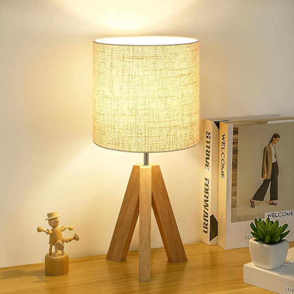 Lille bordlampe, træstativ natbordslampe med lampeskærm i lærred, sød boho soveværelseslampe til natbord, moderne inkluderet