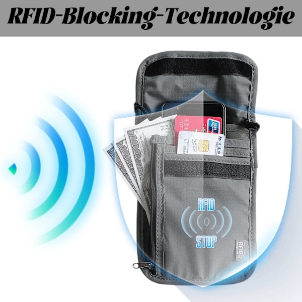 Halspose med brystlomme med RFID-beskyttelse, nylon brystlomme, vanntett og lett, unisex reiseveske Tyverisikker passholder Black