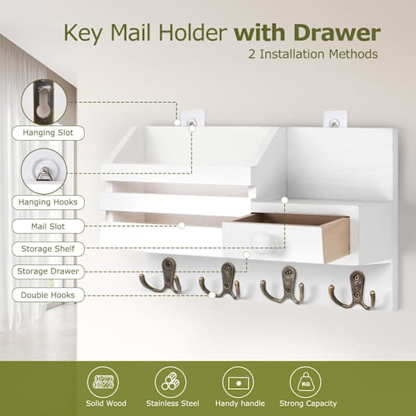 Wall Mounted Wooden Key Holder with Drawer, Small Shelf, 8 Hooks, Two Mounting Options, White.