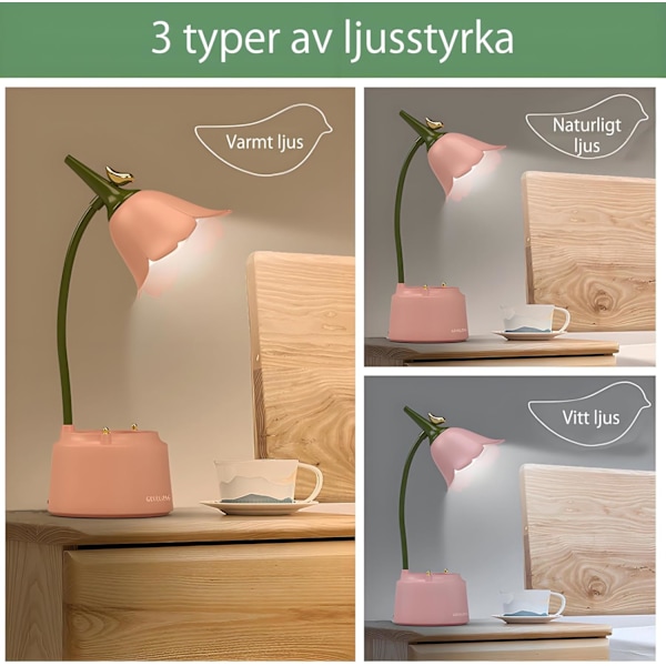 Sød LED Bordlampe Kawaii Skrivebordstilbehør, Blomst og Fugl Skrivebordslampe USB Genopladelig, 3 Farvetilstande [Klasse A Energi] Green