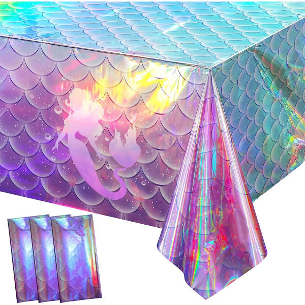3 delar Mermaid Rainbow Plastduk, Mermaid Laser Duk Holografisk Aluminiumfolie Engångsduk Festdekoration 137,16 x 274,32