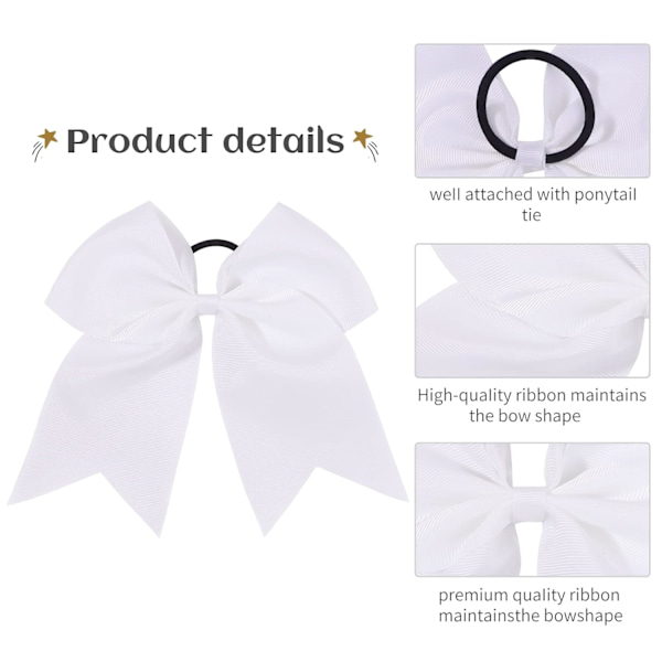 20 stk. 8 tommer Cheer Hair Bows Store Cheerleading Store Hårbånd med Hestehaleholder Håndlavet Grosgrain Bånd Hårtilbehør til Teenagere Piger (Hvid)