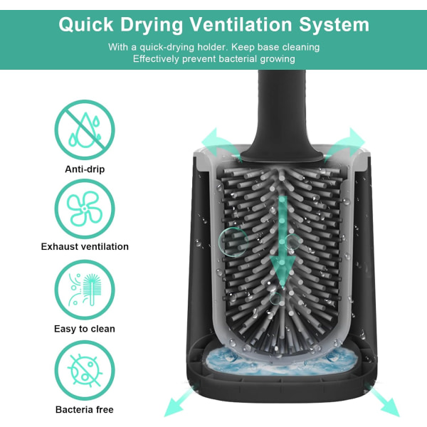 WC-harja, silikoninen WC-harja, jossa 3-in-1-monitoiminen harjapää ja nopeasti kuivuva pidike, seinälle kiinnitettävä WC-harja kylpyhuoneeseen (musta)