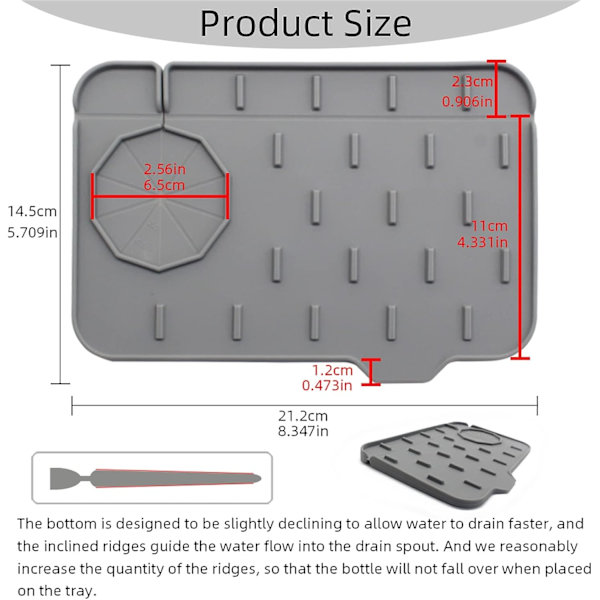 2-pack silikon diskbänksmatta, mini diskbänksstänkskydd för köksbänkskydd Självdrainagedesign (grå + grå, 8,3 tum x 5,7 tum)